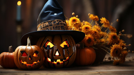 Halloween pumpkins with hat. Generated with AI.の素材