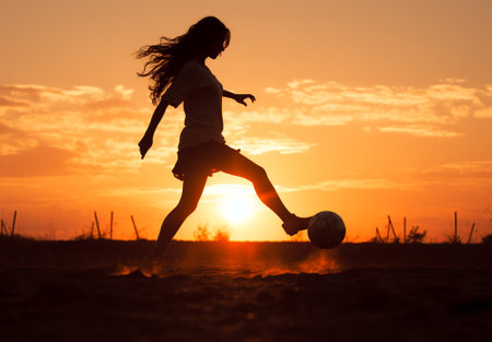 Silhouette of Woman playing soccer at sunset. Ai Generatedの素材