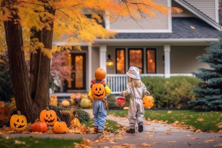 Happy girls, with pumpkin, collecting sweets. Halloween theme. Generated with AIの素材