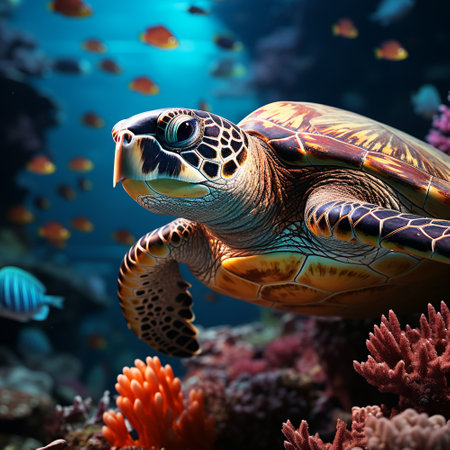 Turtle with group of colorful fish and sea animals with colorful coral underwater in oceanの素材