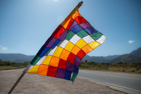 Close up image of a silk Wiphala Flag - a symbol commonly used to represent native peoples of the Andes.の写真素材
