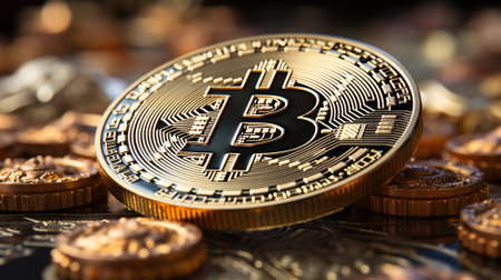 Bitcoin. Golden Bitcoin coins isolated on black background.の素材