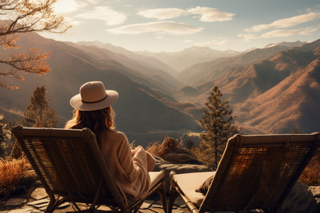 Woman in lounge chair, relaxing with mountain view.の素材