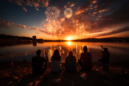 Silhouette of friends watching fireworks.の素材