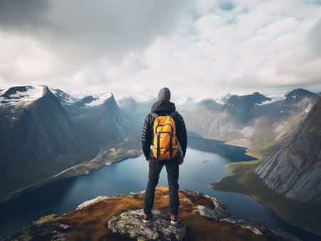 Tourist with backpack appreciating view from the top of a mountain.の素材