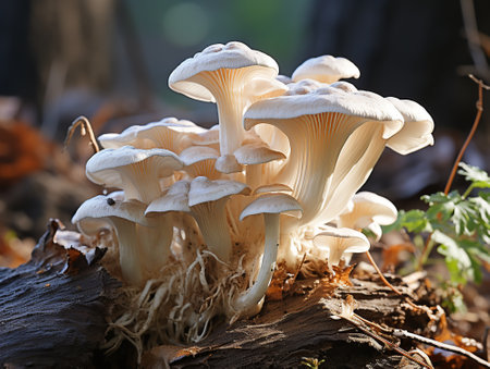 Closeup of mushrooms growing on a tree trunk.の素材