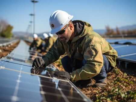 Technician placing solar panels.の素材