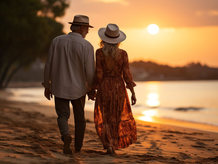Senior couple in love walking on the beach at sunset.の素材