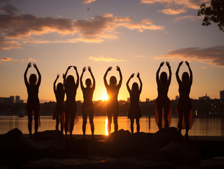 Silhouette of women doing yoga at sunset near the sea.の素材