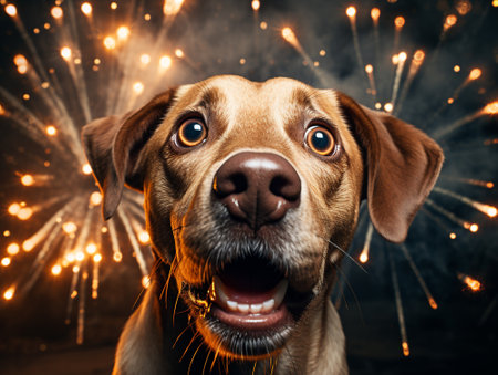 Cute dog scared and terrified of New Year's Eve fireworks, Generative AIの素材