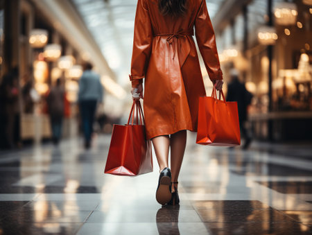 Woman from behind, walking with shopping bags.の素材