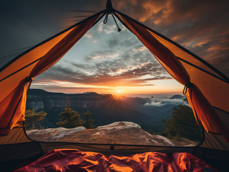 Photo from inside a tent, watching beautiful sunset. Campingの素材