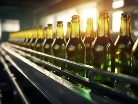 Line of beer bottles in production.の素材