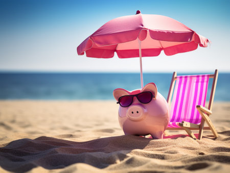 Piggy banks on the beach. Vacation savings concept.の素材