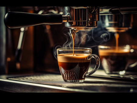 Preparation of expresso with machine in restaurant.の素材