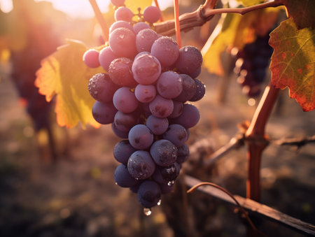 Close-up of grapes in vineyard, at sunset.の素材