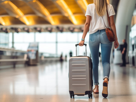 Female traveler walking through the airport with a travel bag.の素材