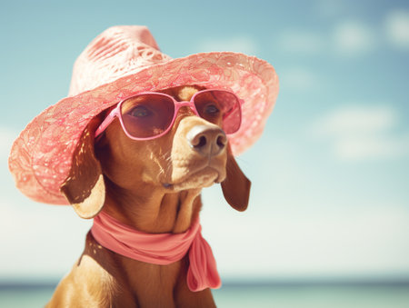 Dog with glasses and hat on the beach.の素材