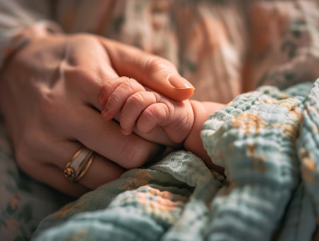 Close up photo of newborn's hand holding his mother's finger.の素材