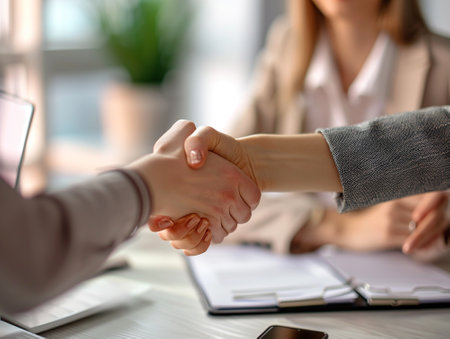 A woman shakes hands with an employer at a deskの素材