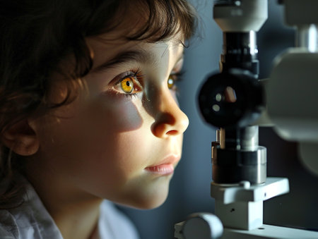 Child having his eyes checked at an eye doctor.の素材