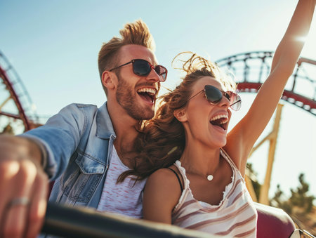 Couple enjoying roller coaster. Adrenaline moment.の素材
