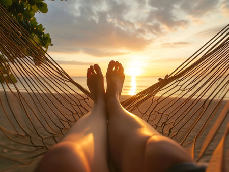 A woman's feet rest in a hammock at sunset. Relaxation.の素材