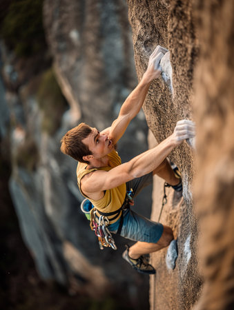 Professional climber climbing rock wall.の素材
