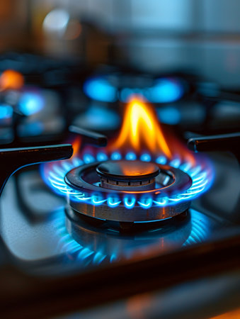 Close-up of gas kitchen burner with flame.の素材