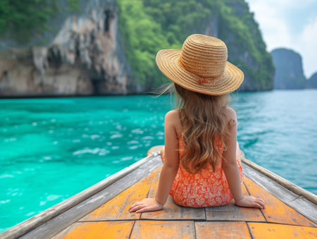 Rear view of a young woman in a hat and dress sitting on a boat observing the landscape.の素材