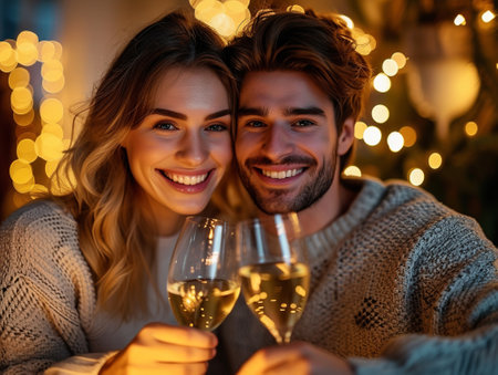 Couple of man and woman toasting in restaurant. Celebrating.の素材