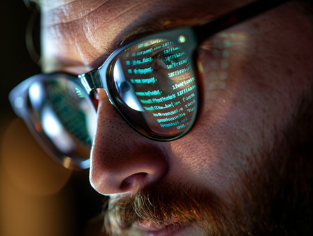 Close Up Portrait of white man Working on Computer.の素材