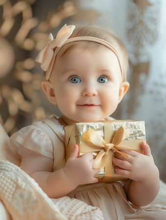 Beautiful baby with a gift in her hands.の素材
