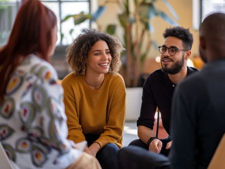 Multi-ethnic group chatting at meeting.の素材