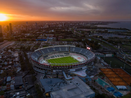 Aerial view of the River Plate football team stadium at sunset. The city of Buenos Aires in the background.の写真素材