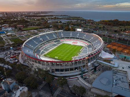 Aerial view of the River Plate football team stadium at sunset. The city of Buenos Aires in the background.の写真素材