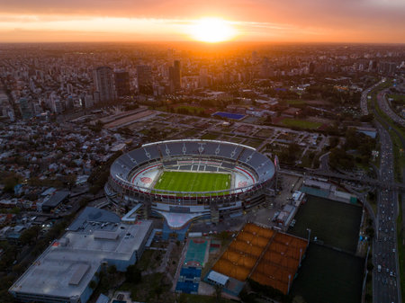 Aerial view of the River Plate football team stadium at sunset. The city of Buenos Aires in the background.の写真素材