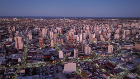 Aerial photo of the city of Buenos Aires, at sunset. Rio de la Plata in the background.の写真素材