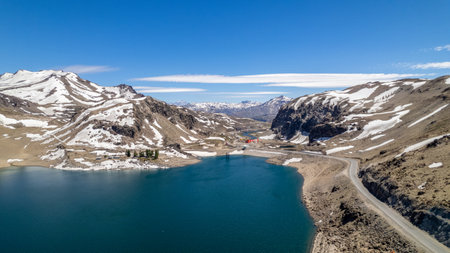 Aerial view of Paso Pehuenche, (Maule Lagoon). Argentina - Chile international borderの写真素材