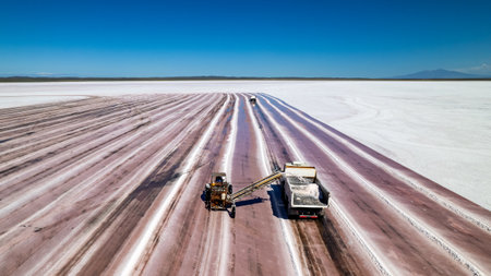 Aerial view of Machinery being employed at the industry of the mining, tractors and trucks being employed at a surface mine of extraction of salt.の写真素材