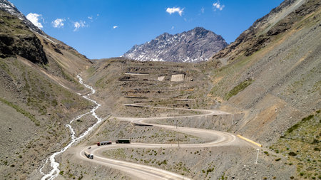 Aerial view of "El Paso de los Caracoles". At the "Los Libertadores" pass between Argentina and Chile.の写真素材