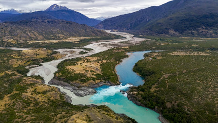 Aerial photo of the confluence of the Baker rivers in southern Chile.の写真素材