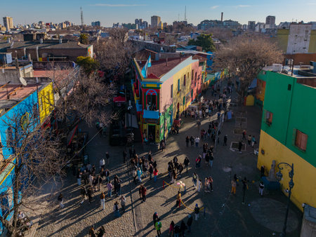 Buenos Aires, Argentina, August 10, 2025: Aerial view of colorful houses in Caminito, La Boca,...