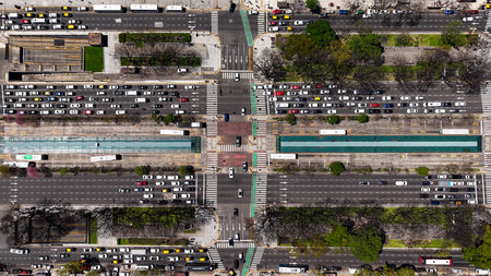 Aerial view of 9 de Julio Avenue in Buenos Aires. Traffic. Highways of Buenos Airesの写真素材