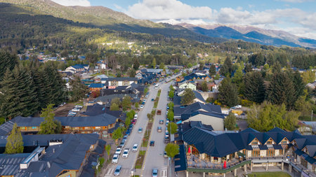 Aerial view of the city of "Villa La Angostura", in NeuquÃ©n, Argentina. Seven Lakes Route in Patagonia.の写真素材