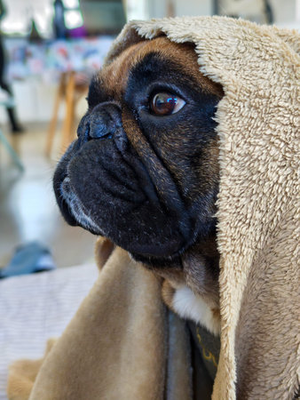 A French bulldog has his head covered by a towel and is looking at the camera.の写真素材
