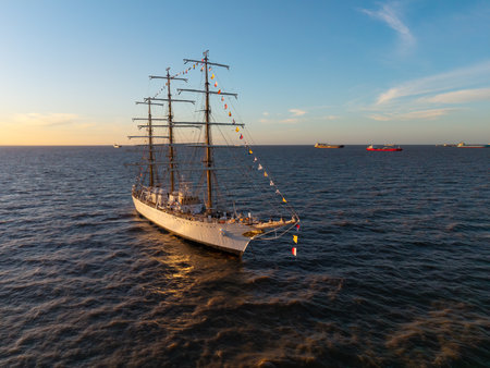 Aerial view of the frigate at sunset in Rio de la Plata.の写真素材