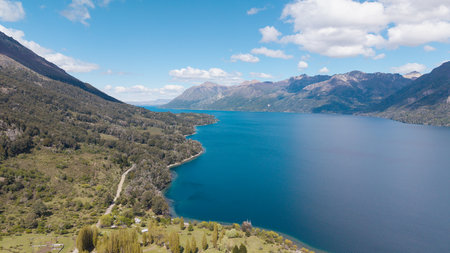 Aerial view of Lake Huechulafquen in Neuquen, Argentina. Lanin National Park.の写真素材