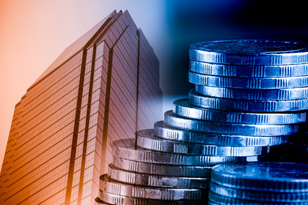 Finance,business and banking concept.Double exposure of money and city.の写真素材