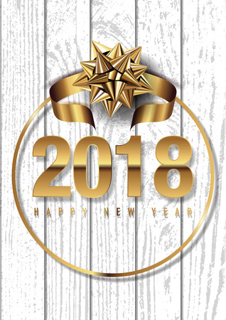 2018 happy new year vector greeting card and poster design with golden ribbon and star.のイラスト素材